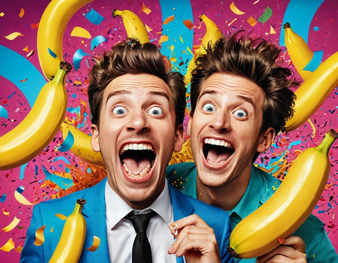 A dynamic montage of cartoonish characters engaged in hilarious antics, showcasing vibrant scenes of slapstick comedy like slipping on banana peels, exaggerated facial expressions, and explosive confetti bursts. Include a colorful, eye-catching title banner that reads 'Laugh-Out-Loud' in bold, playful typography. The background should be whimsical, filled with cartoonish trees and oversized props that enhance the fun atmosphere. super-realistic. vibrant colors. playful illustration.