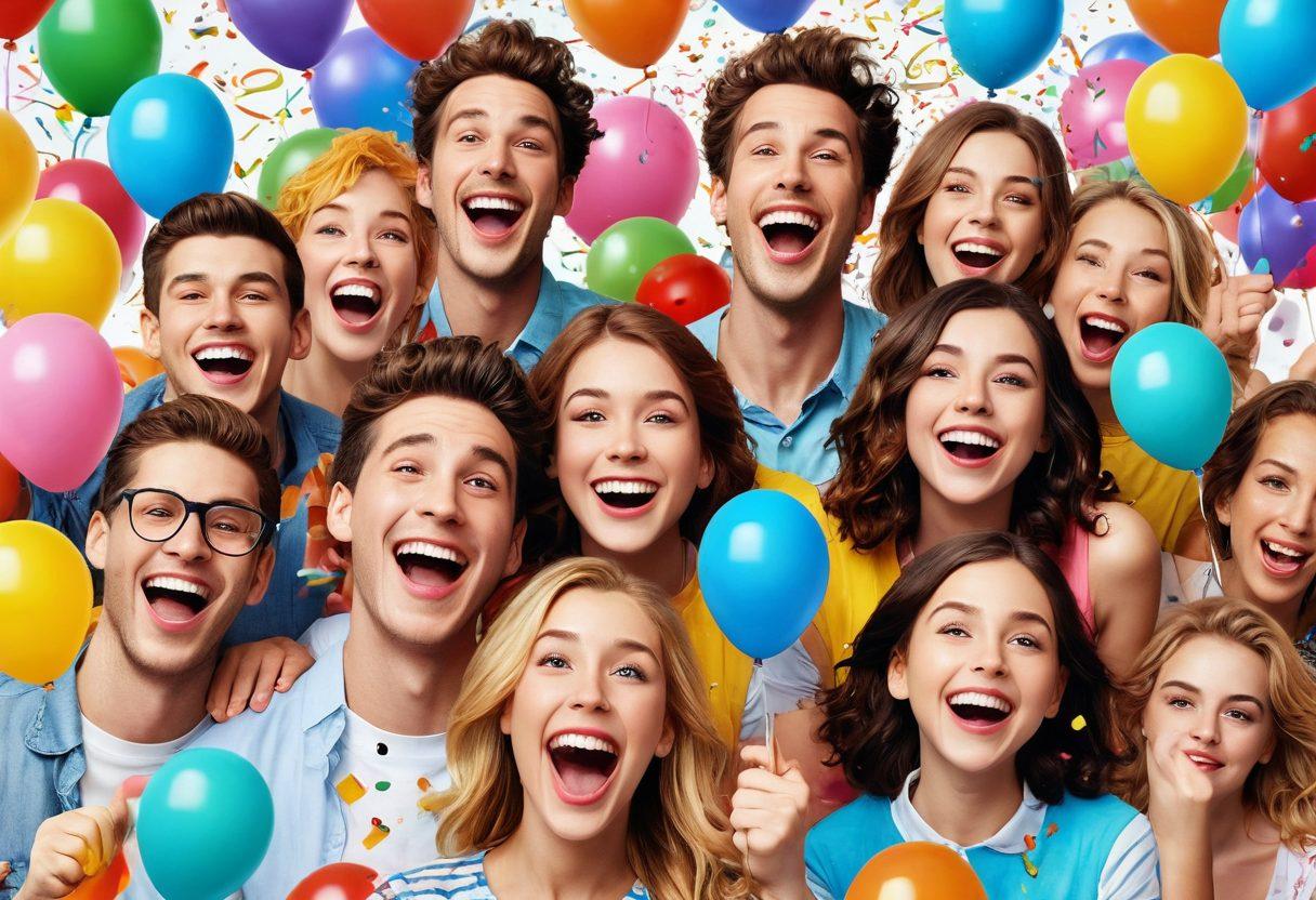 A bright, cheerful collage of various short video clips, showcasing laughter, joy, and fun moments. Include animated characters engaging in amusing antics, colorful confetti falling, and vibrant thumbnails of intriguing video snippets. The background should be light and inviting, filled with playful elements like balloons and smiley faces. super-realistic. vibrant colors. white background.
