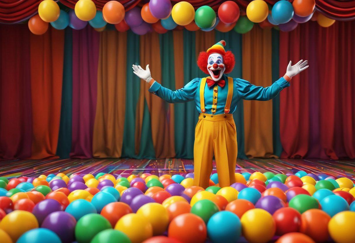 A whimsical scene depicting a variety of comedy elements: a clown juggling colorful balls, a stand-up comedian on stage with a microphone, and cartoon characters laughing hysterically in the background. Incorporate bright colors and playful details, like oversized props and exaggerated facial expressions. The setting should be lively and filled with laughter. vibrant colors. cartoon style. 3D effect.
